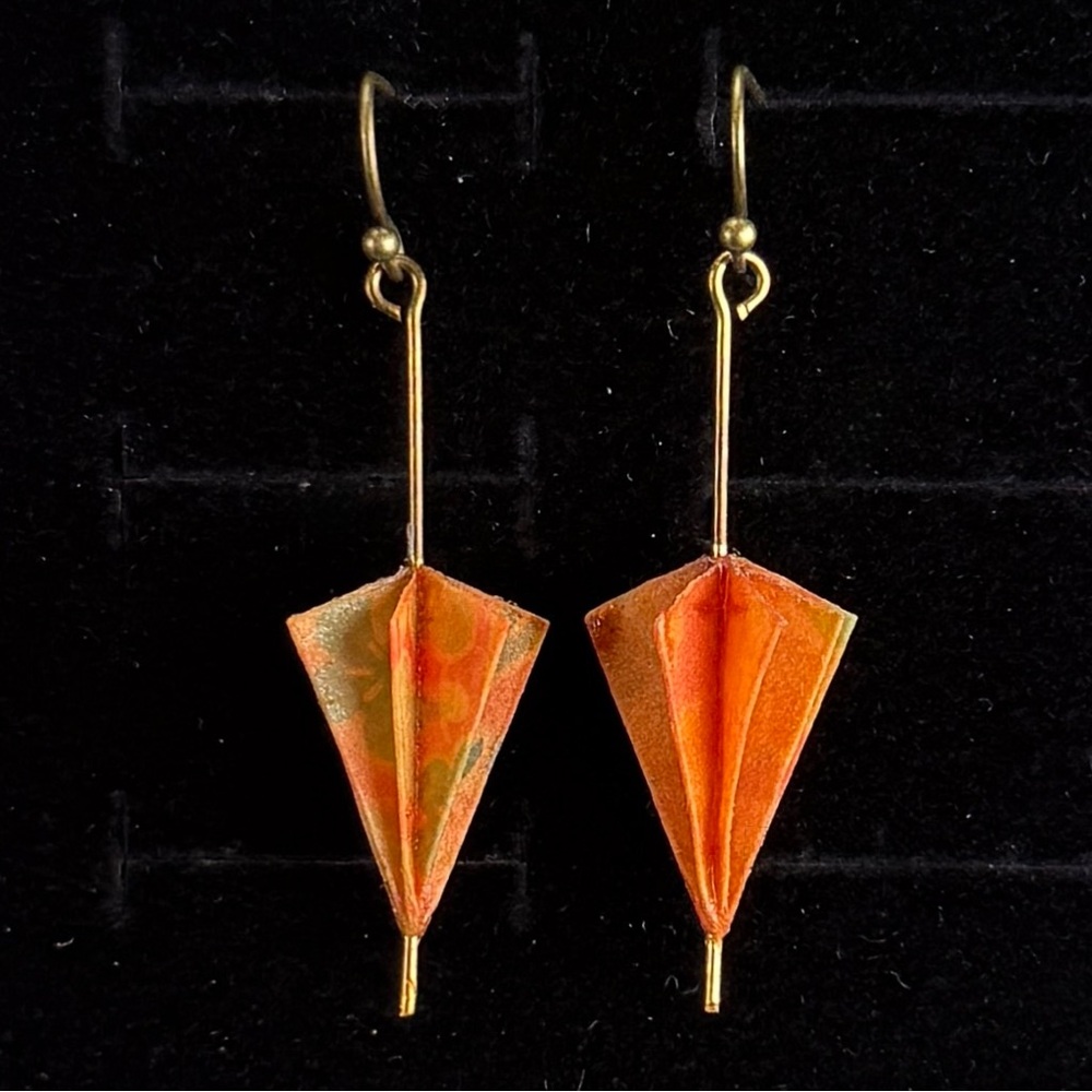 Vintage Origami Brown Orange bohemian chic pierced Earrings - Picture 3 of 7